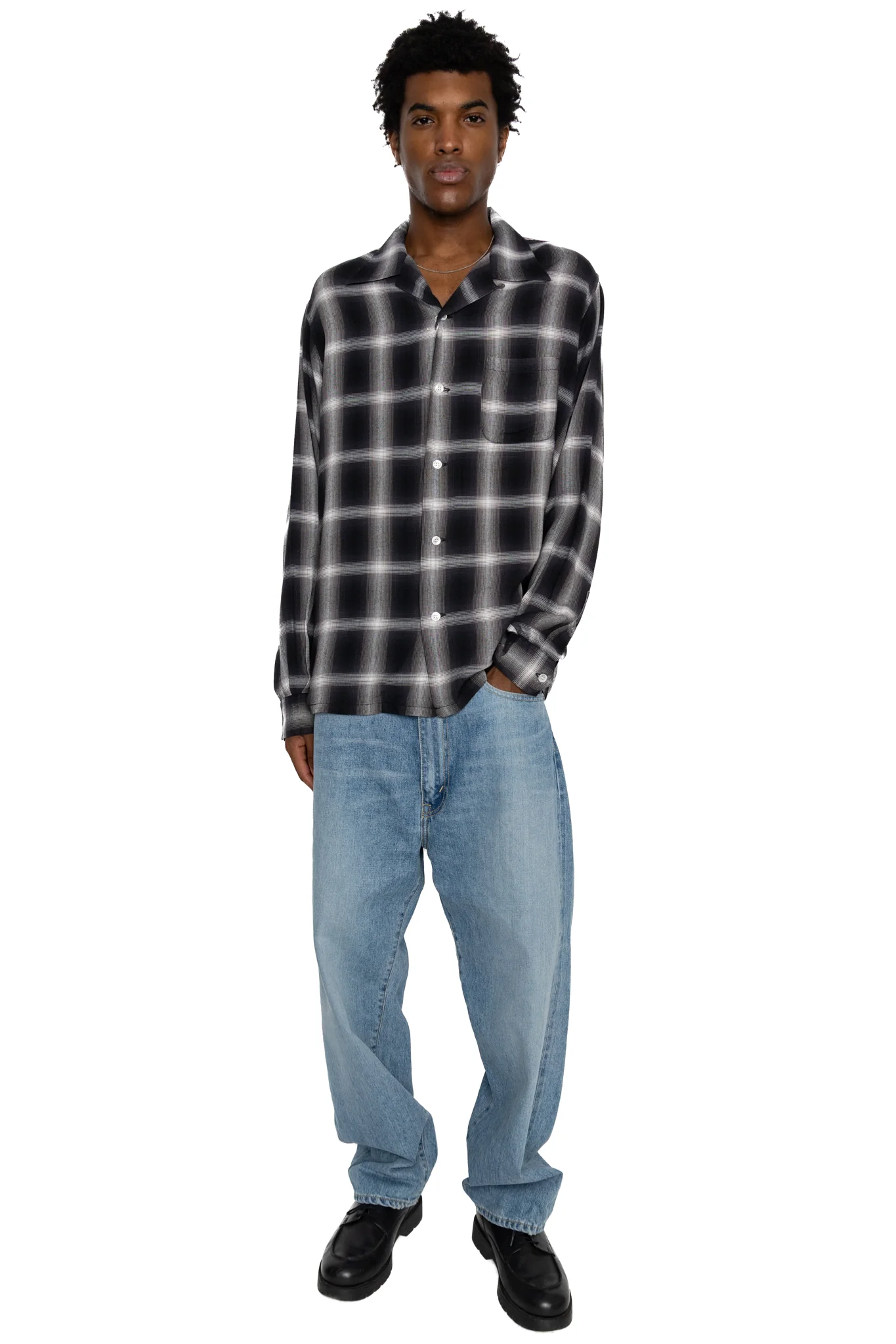 Rayon Ombre Check L/S Open Shirt - Black - Image 2