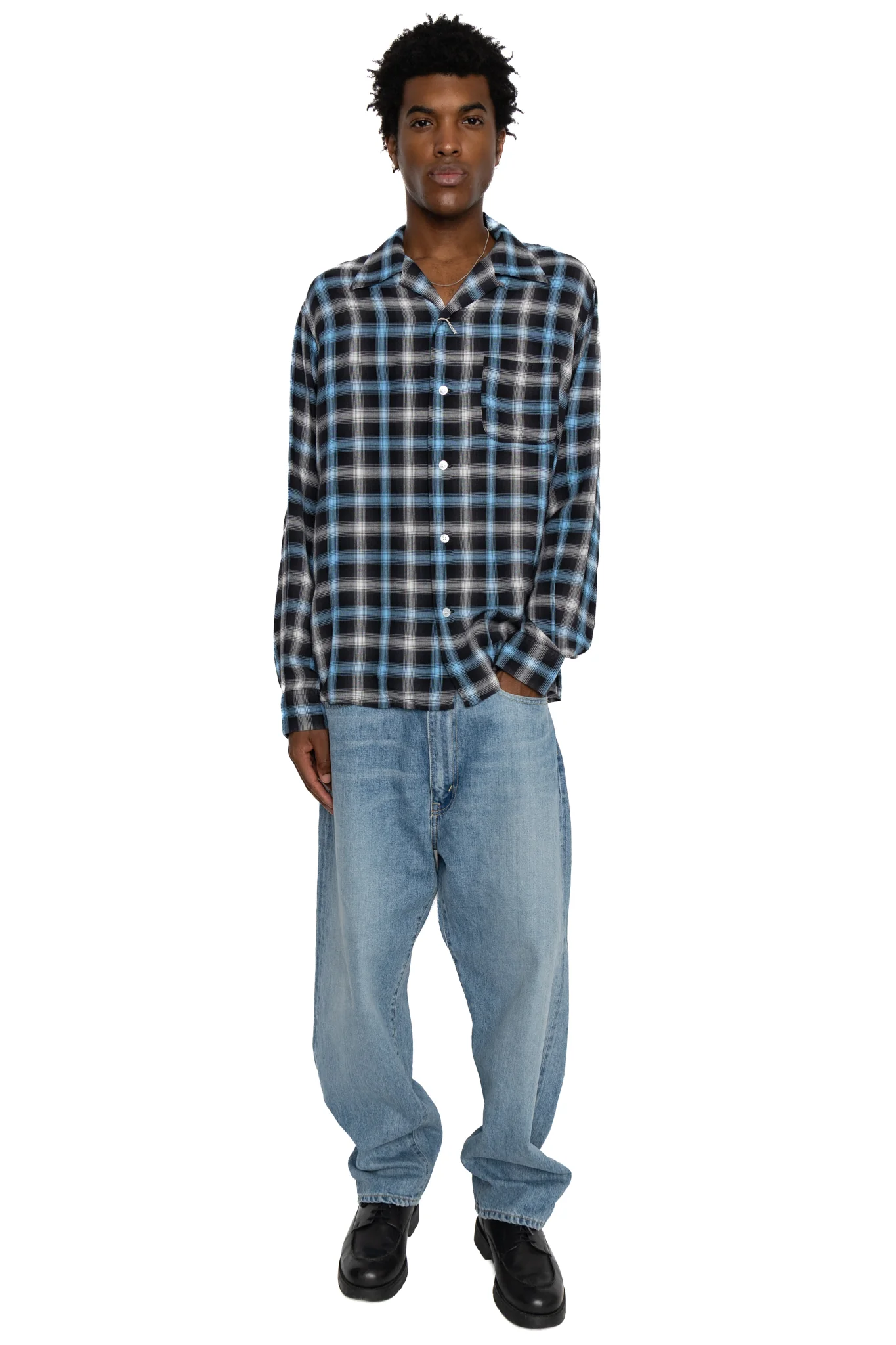 Rayon Ombre Check L/S Open Shirt - Blue - Image 2