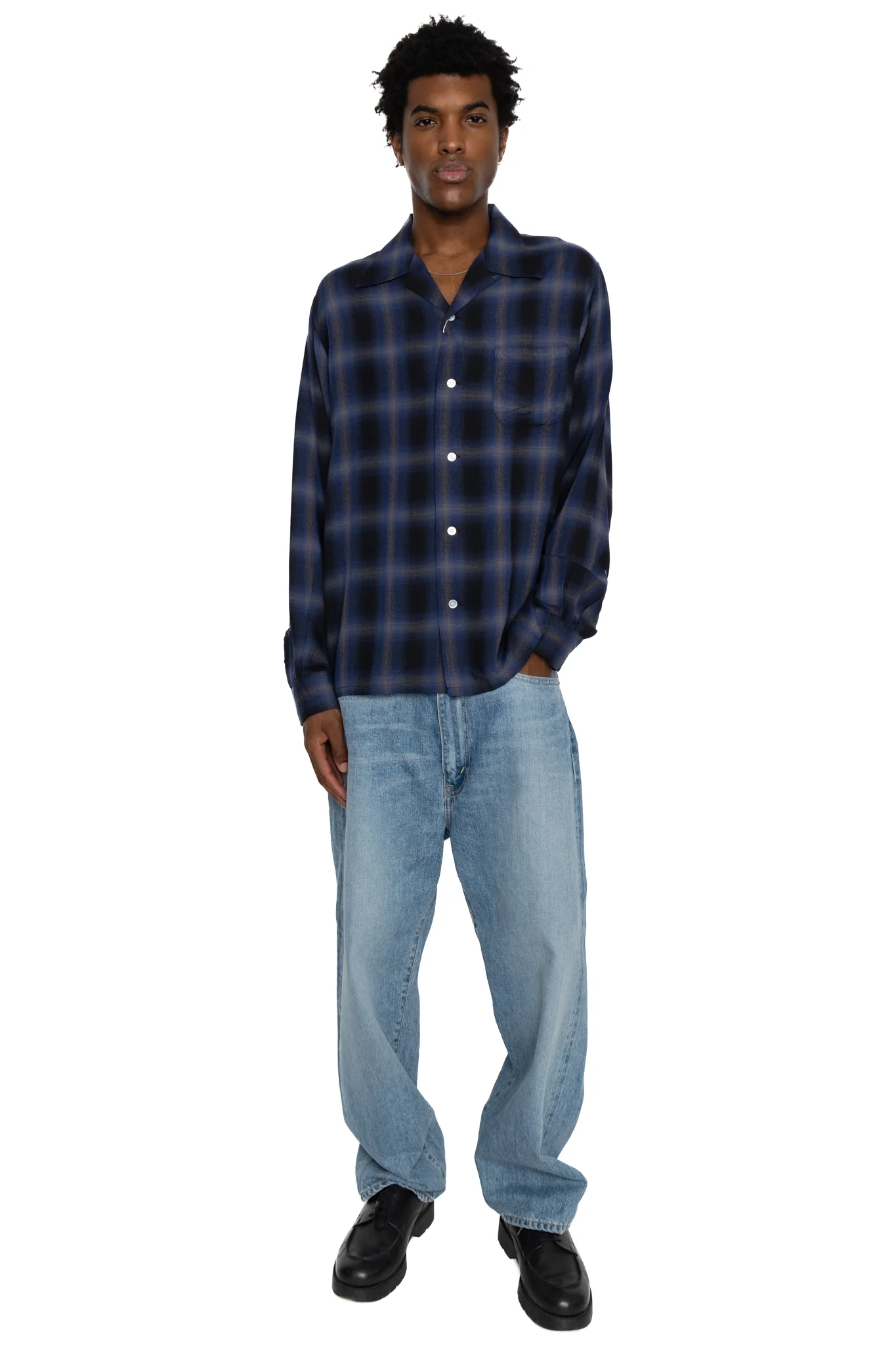 Rayon Ombre Check L/S Open Shirt - Navy - Image 2