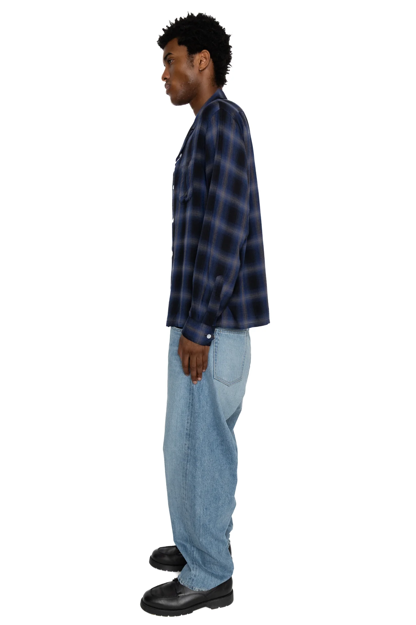 Rayon Ombre Check L/S Open Shirt - Navy - Image 3